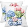 Blue Hydrangea Floral Throw Pillow Covers 18x18Inch, Set of 2,Spring Floral Vase Pink Tulip Double-Sided Print Decorative Cushion Cases for Sofa