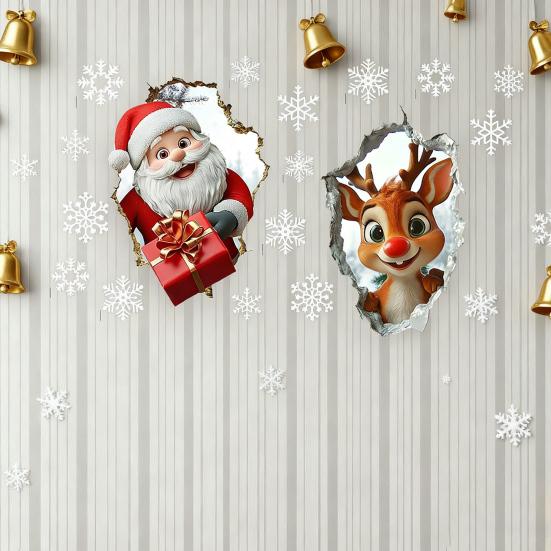 Juleveggklistremerke Realistisk Selvklebende Julenisse Veggdekorasjon 3D Visuell Effekt Tegneserie Elg Klistremerke for Vegger Hjem Stue Lekerom Dekor