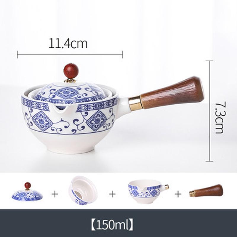 Portable Flower Ceramic Automatic Spinning Kung Fu Teapot with Wooden Handle, Side-handle Tea Pot, Teaware Filter,150ml