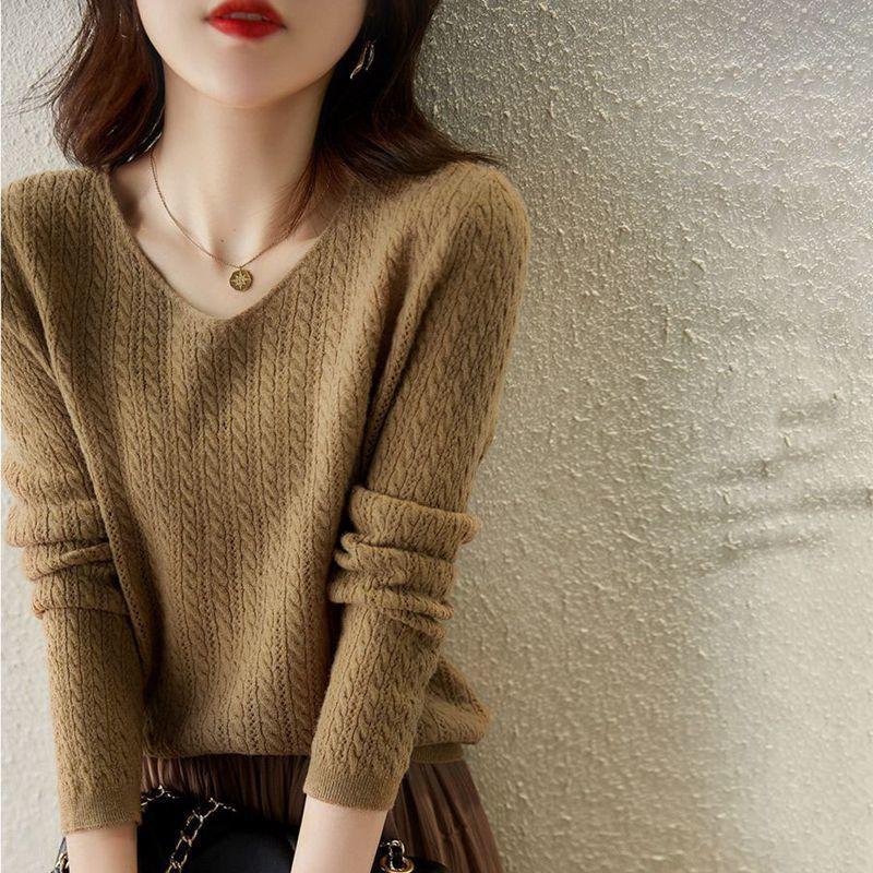 

Свитер с V-образным вырезом из жареного теста, женский свободный свитер на осень и зиму, однотонный трикотажный свитер с низом 3XL кофейный