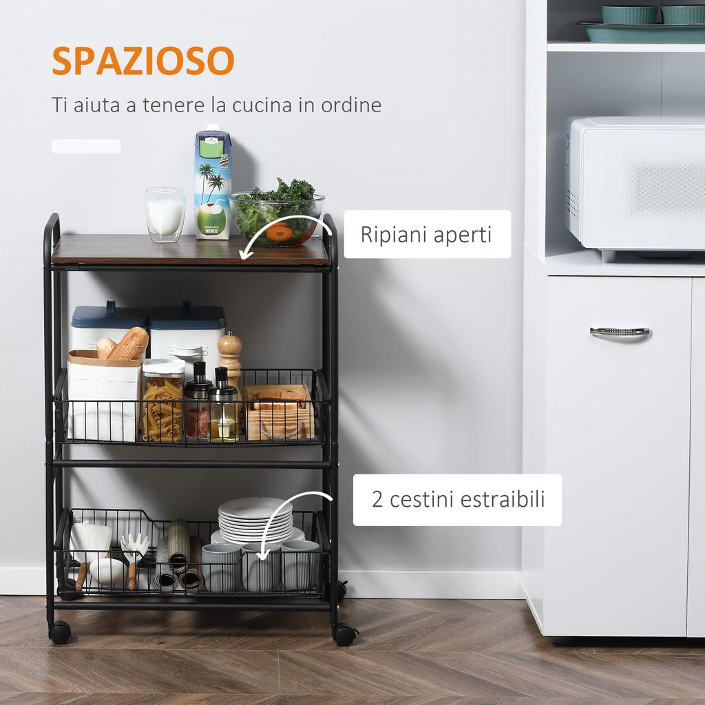 Kitchen Cart Industrial Style Food Carrier With 4 Wheels 2 Baskets And 4 Hooks 60x38x85.5cm Brown Black