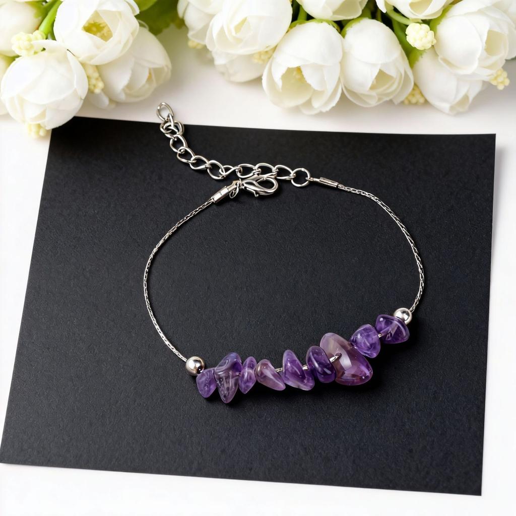Festive Gifts Amethyst Gravel Beaded Bracelet With Silver Chain Elegant Fashion Jewelry For Women Daily Wear Simple Versatile Accessory