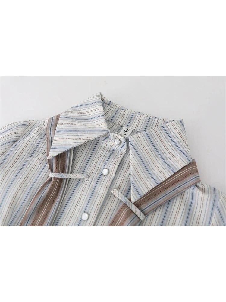 2000-tallets Estetikk Vintage Stripete Skjorter Kvinner Preppy Stil Knytedesign Løse Bluser Dame Motesans Y2k Kontortopper Ny