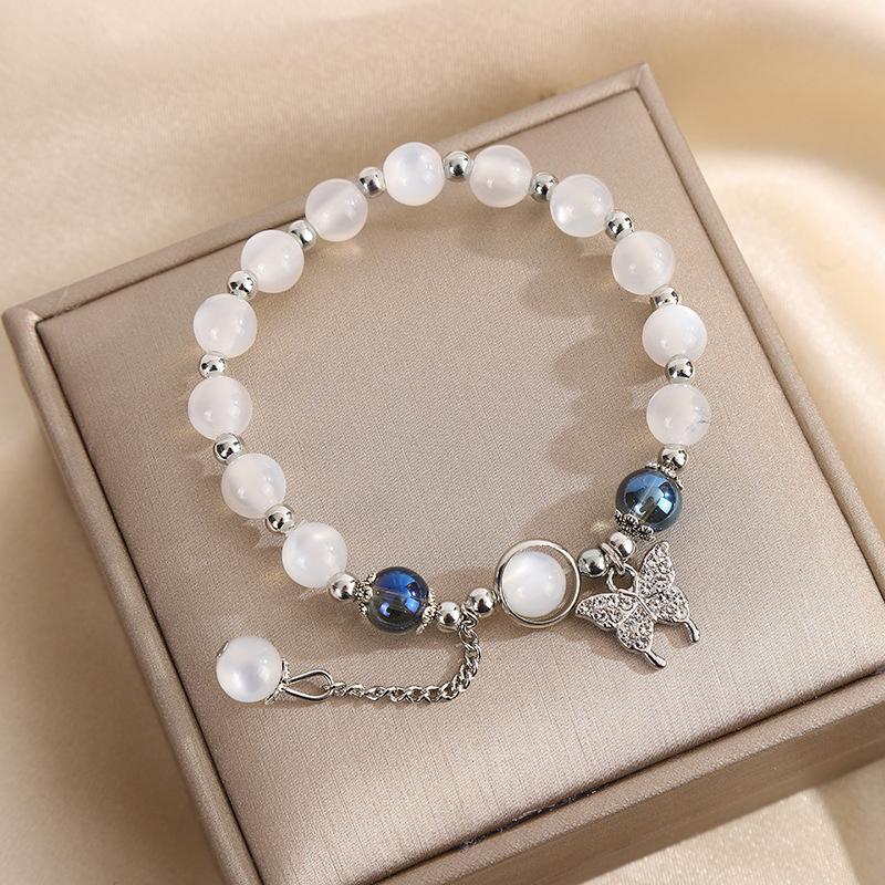 Beaded Bracelet Cat Eye Stone Butterfly Charm Pendent Light Luxury Handmade Stretch Bracelet For Girl Birthday Gift