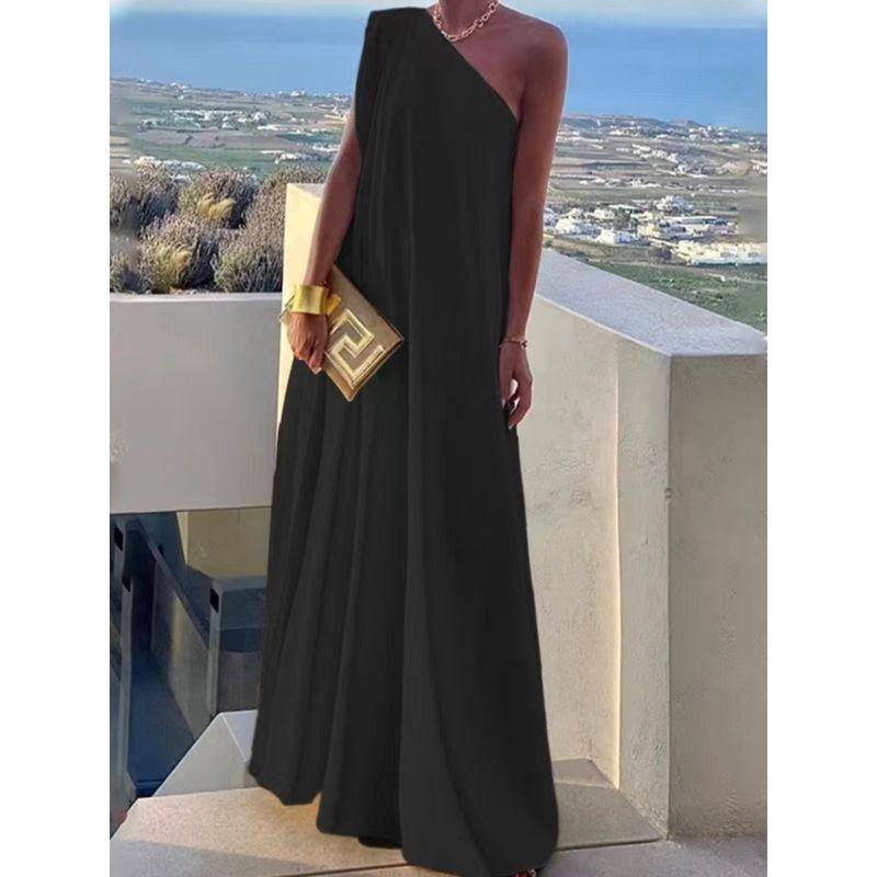 

Летняя новинка Женская модная одежда Платье на одно плечо без рукавов Длинное платье Отпускной стиль Однотонное С открытыми плечами Пляжное платье Black 3XL