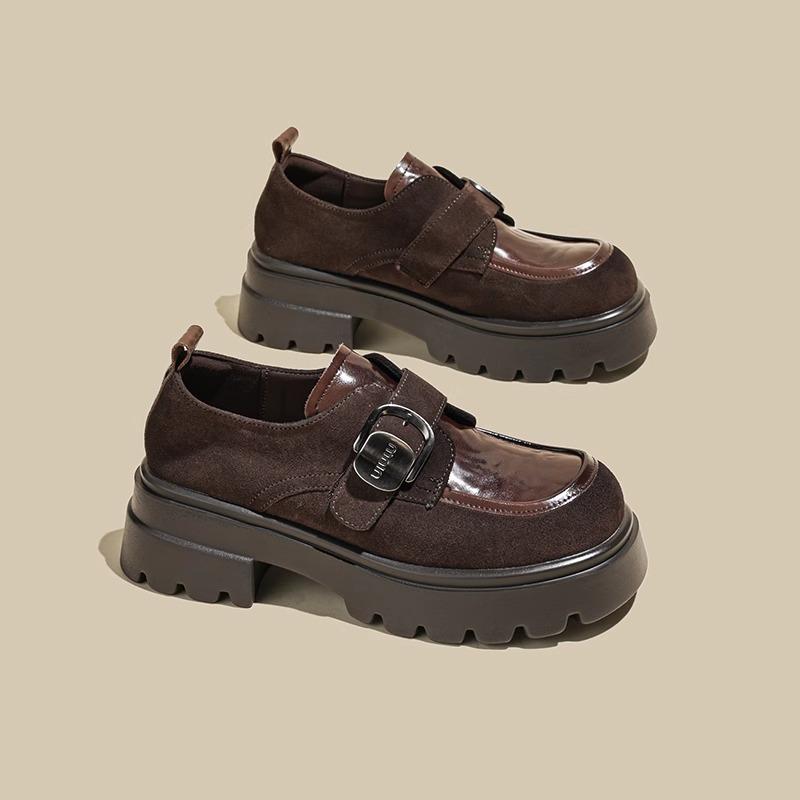 

Черные туфли на платформе из кожи в британском стиле, женские, осень 2024, новые туфли на толстом каблуке, мокасины с одной педалью, детские 35 светло-коричневого