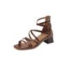 Brown Strap High Heels Women's 2025 New Summer Retro Thin Strap Roman Sandals Women's Design Sense Niche Temperament
