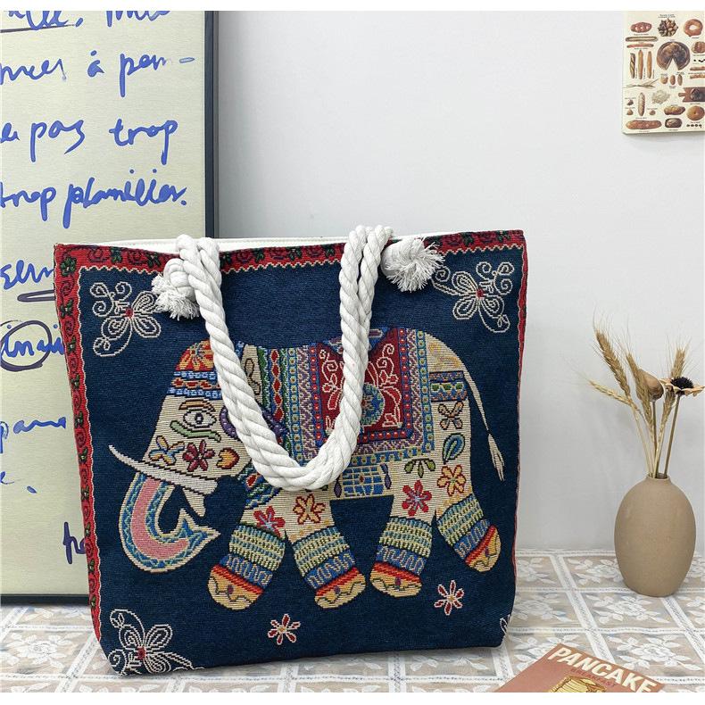 Etnisk stil elefantbroderad damväska hampa rep axelrem broderad mammapåse picknickväska axelväska messengerväska