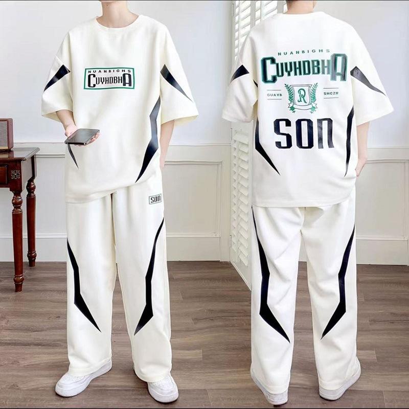 Set T-shirt e Pantaloni da Uomo Tute Sportive Lisce Set Pantaloni da Uomo con Alfabeto Completi Due Pezzi Offerta XL Stile Coreano Casual Elegante