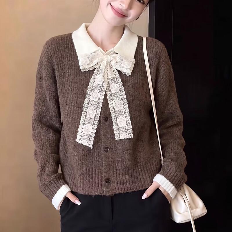 La Chapelle Women's Faux-Layer Bow Collar Knit Sweater Coat