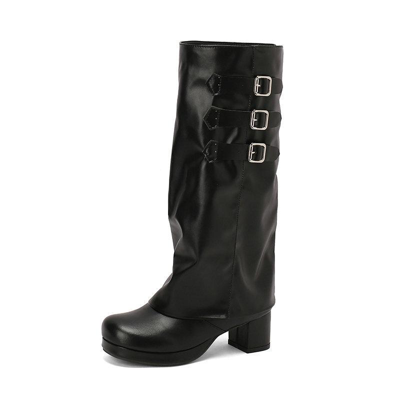 Women's high boots autumn and winter round head thick sole thick heel high heel belt buckle but knee boots side zipper high boots