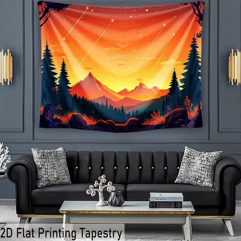 2D Starry Meteor Mountain Backdrop 2D Sunset Pine Forest Photo Background for Photography Decor