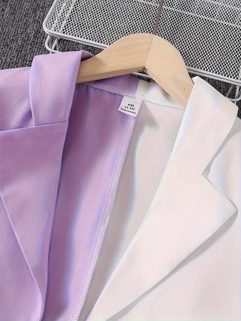 3 Pcs Girls Preppy Skirt Set, Color Block Blazer Jacket with Heart Tee and Pleated Skirt, Trendy Outfits for Kids 8-12 Years