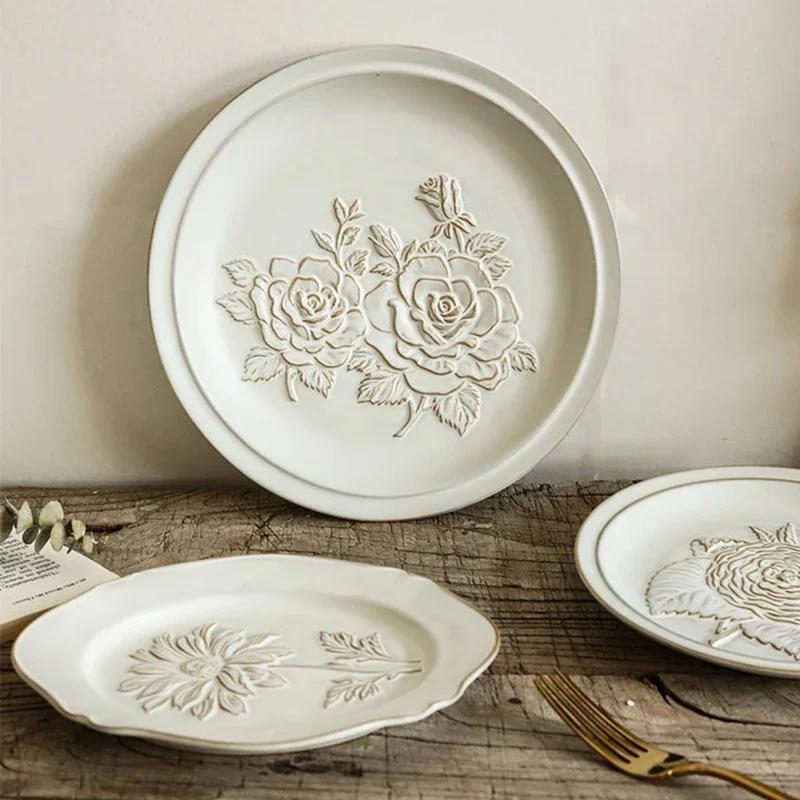 Exquisite Relief Flower Ceramic Plate Creative Irregular Dessert Fruit Plates Luxury Restaurant Salad Steak Plate Home Tableware