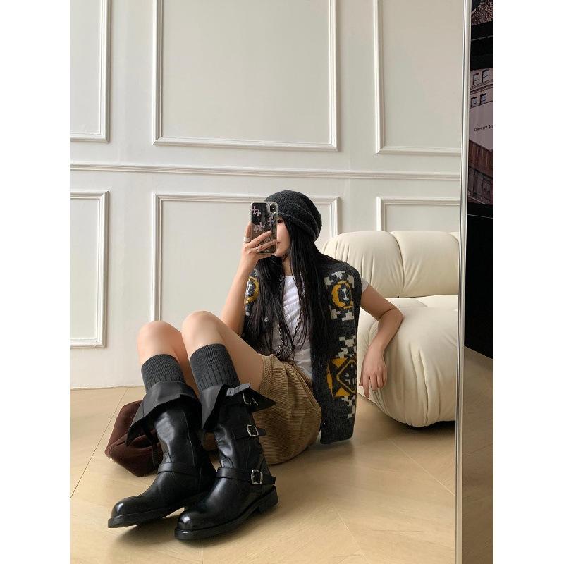 Cowhide Version~ Retro Long Boots Women's Thick Heel Belt Buckle High Black Boots Versatile Leather Pleated Trouser Tube Boots