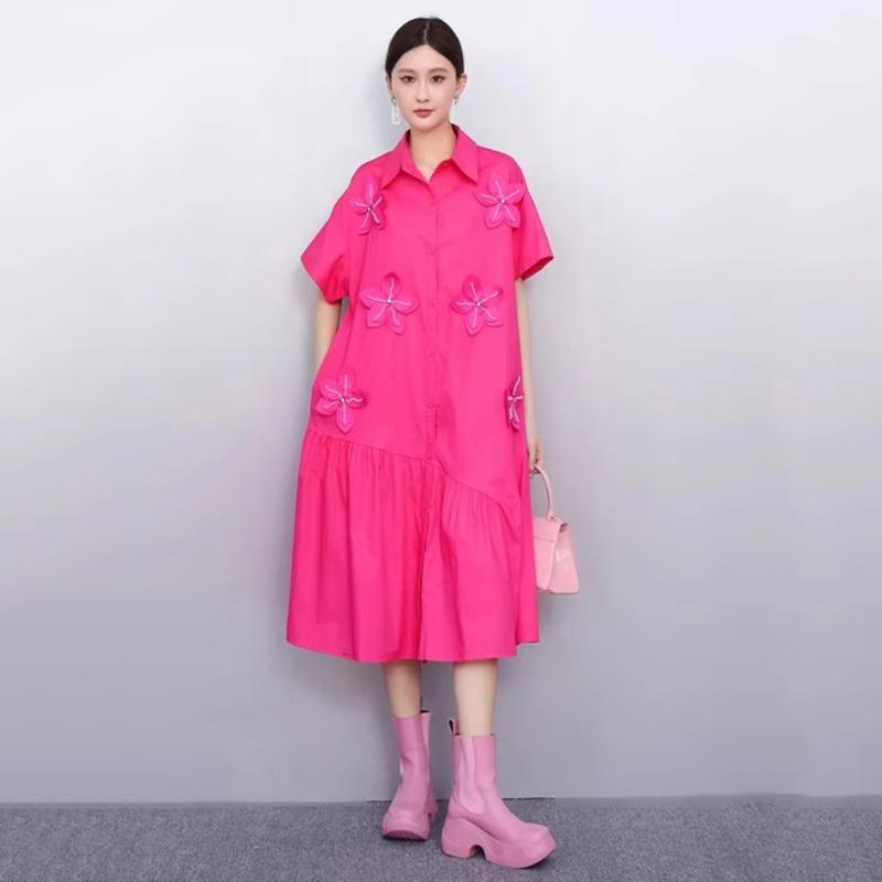 

XITAO Solid Color Short Sleeve Dress ZMY1398 One Size рожевий