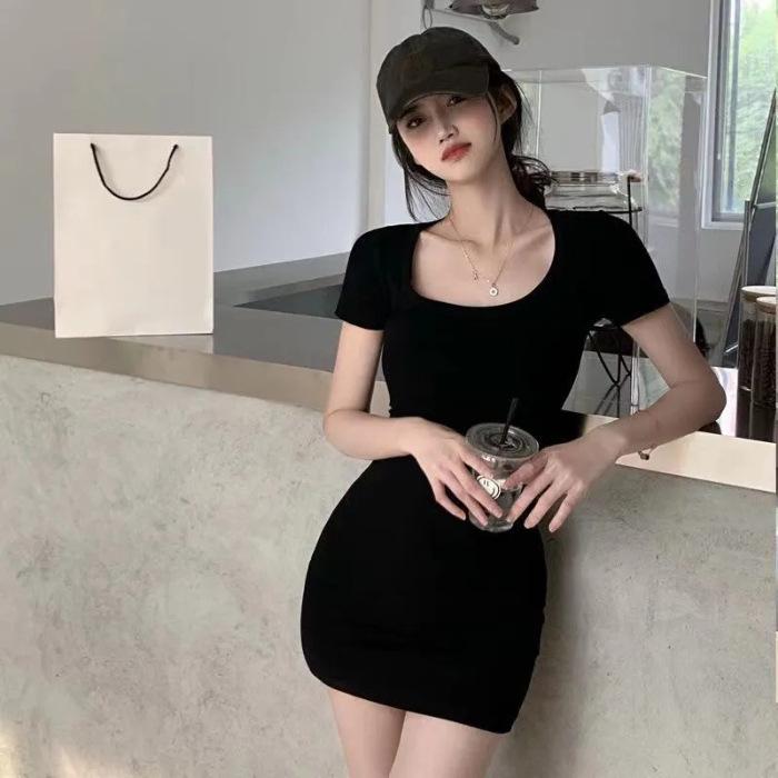 Pure desire style U-neck low-cut T-shirt hip skirt black dress women's solid color sexy short skirt slim and thin bottoming skirt