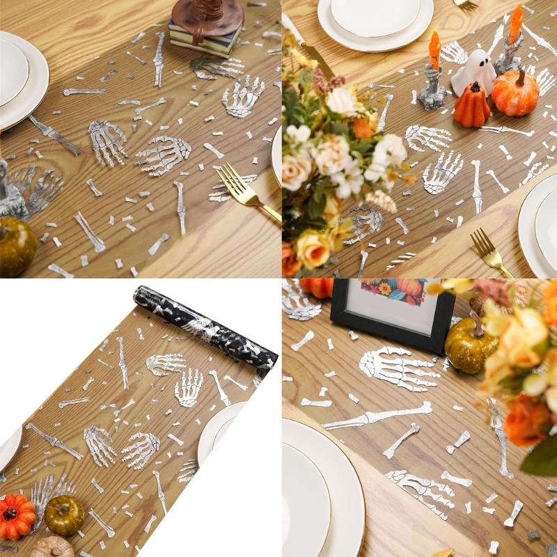 Halloween Skeleton Print Table Runner Shimmering Decoration Wrinkle Resistant Mesh Tablecloth for Dinner Party Setups