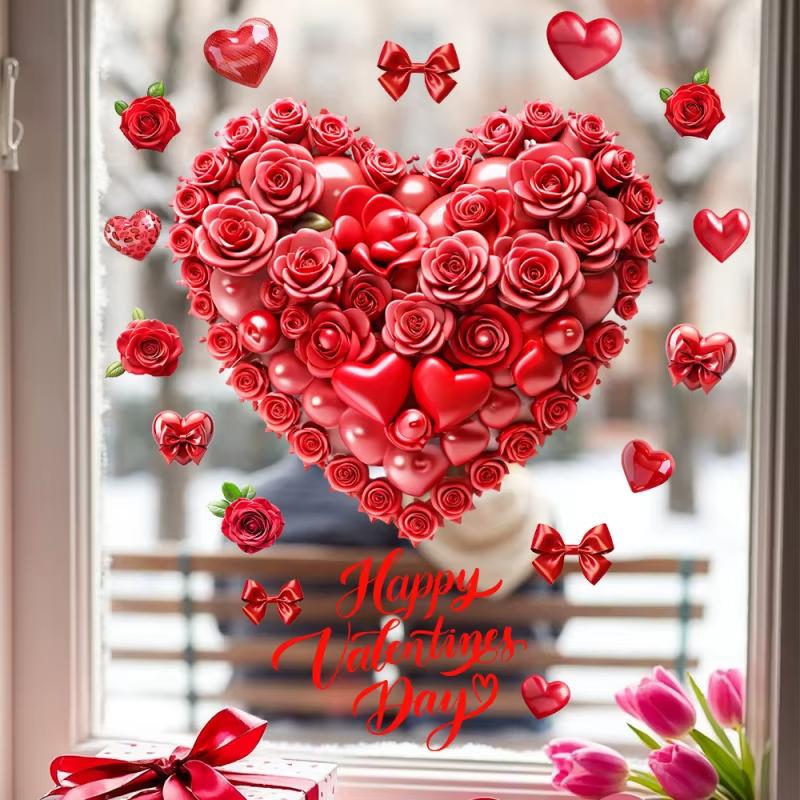 1PC Valentine's Day Window Decor Sticker - Red Rose Heart Balloon PVC Static Cling for Home Room