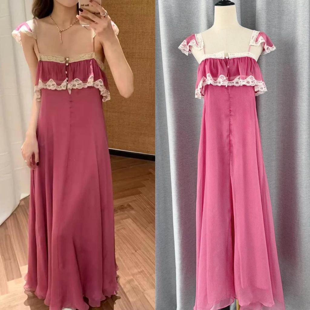 Pink Lace-Trim Cap Sleeve Maxi Dress, Yi Mengling Style, In Stock