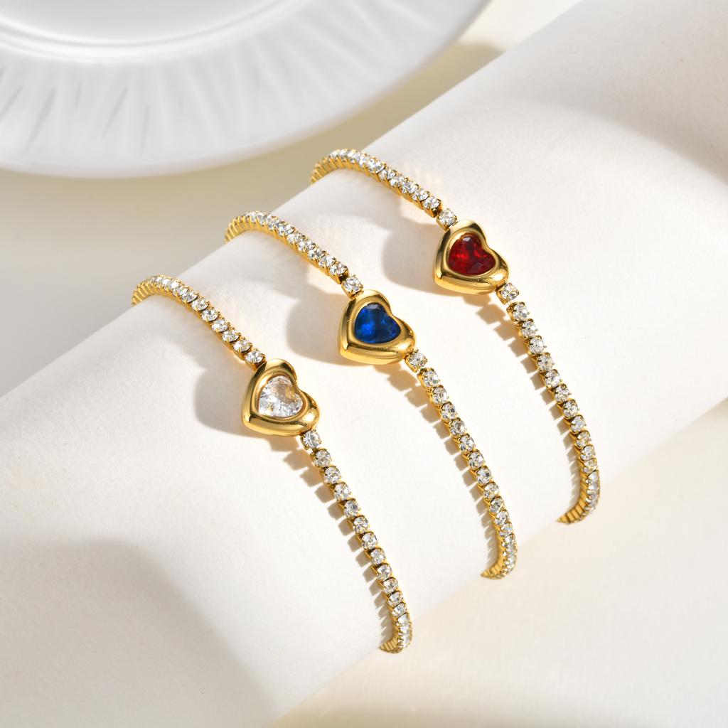 Edelstahl Tennis Kette Herzform Zirkonia Armband für Damen, Elegant 18K Gold Plated Verstellbar Wasserdicht Anlaufgeschützt