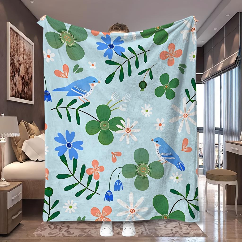 1pc Small for Blue Bird Wild Daisy Mixed Floral Print Flannel Blanket, Portable and Comfortable, Suitable for Blankets, Kids' Be