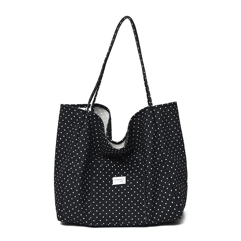 Large Capacity Canvas Tote Bag for Women Polka Dot Student School Commuting Korean Style Literary Shoulder Bag