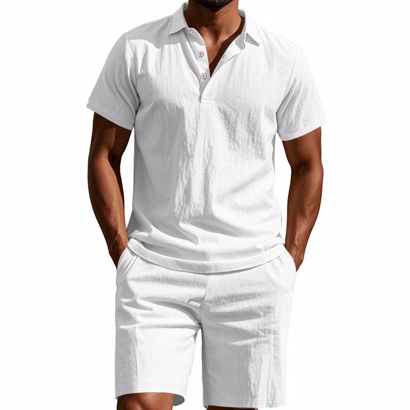 Men's Summer Lapel Button-Up Breathable Linen Polo Shirt & Casual Short Set