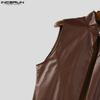 INCERUN Men Stand Collar Sleeveless PU Faux Leather Open Front Casual Long Maxi Cardigan Coats