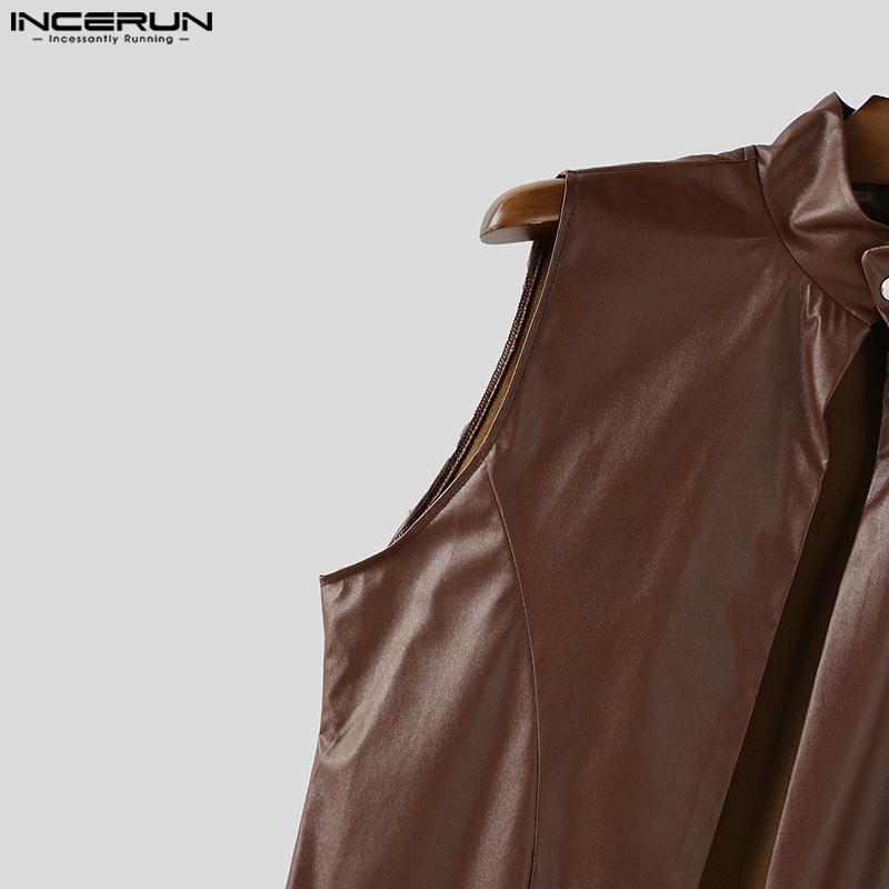 INCERUN Men Stand Collar Sleeveless PU Faux Leather Open Front Casual Long Maxi Cardigan Coats