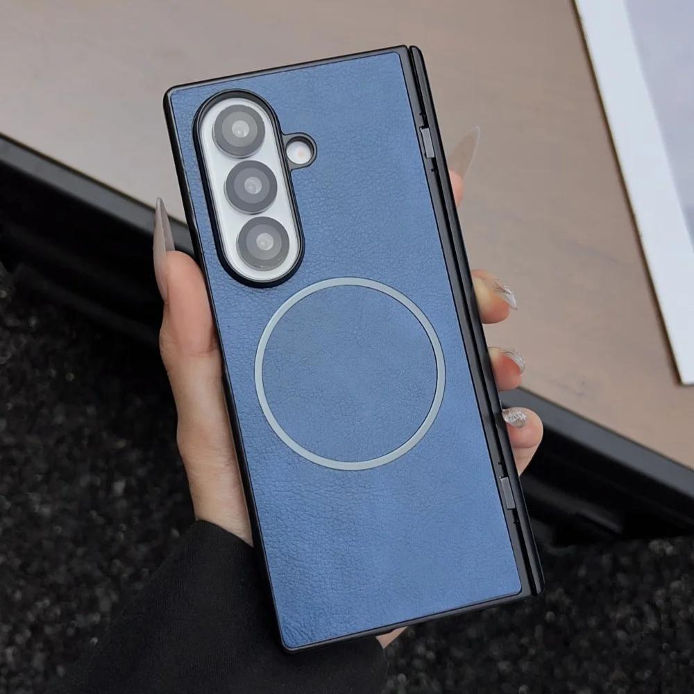 Luxury Busine Sle Leather Hinge Magnetic Phone Case for Original Samsung Galaxy Z Fold 7 6 5 4 3 Magsafe Wireless Charging Cover