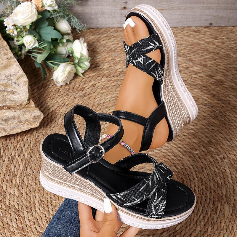 Fashion Vintage Print Wedges Sandals for Women Summer Ankle Buckle Platform Sandles Woman Comfort Non Slip Plus Size Casual Sandalias