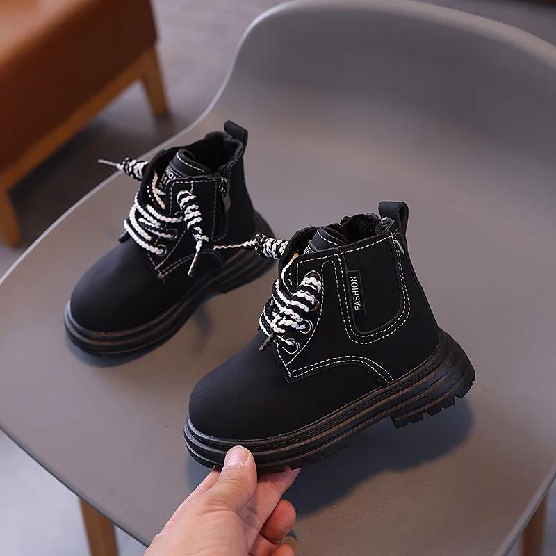 

Kids Boots for Boys Simple Thick Bottom Girls Causal Ankle Boots Fashion Round-toe Versatile Children s Leather Boots Non-slip 21 чёрный