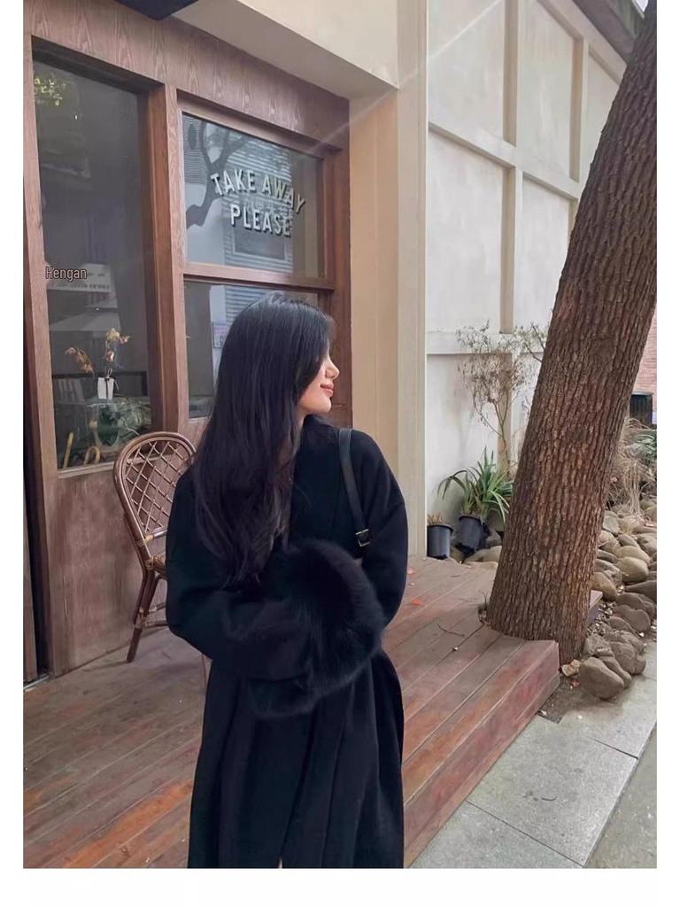 Manteau en Laine Mi-Long pour Femme avec Manches en Fourrure - Veste Décontractée Chic Automne/Hiver