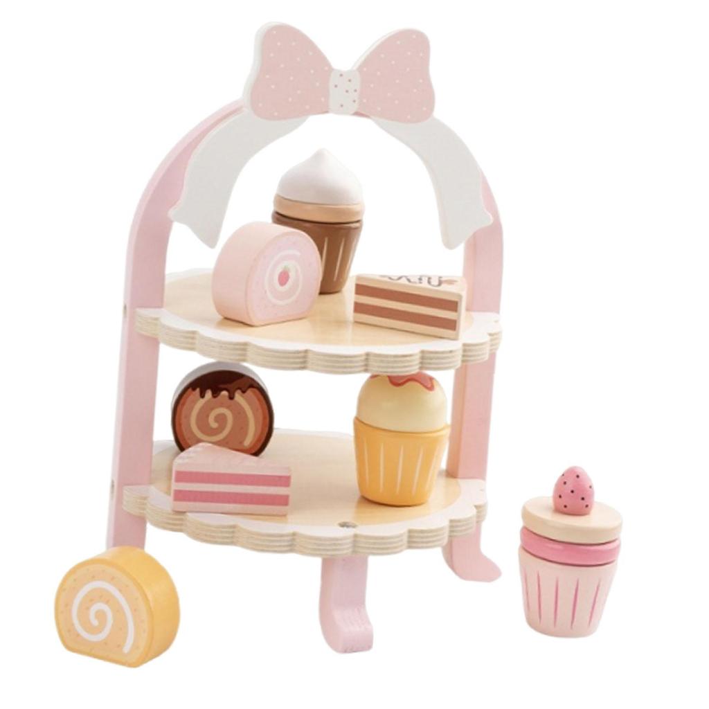 Wood Dessert Tower Play Food Set Educational Tea Party Toy Accessory for Preschoolers Sturdy