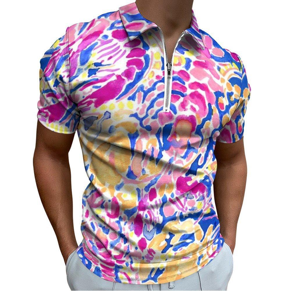 Vibrant Print Short Sleeve Zip Neck Polo, Casual Daily Top