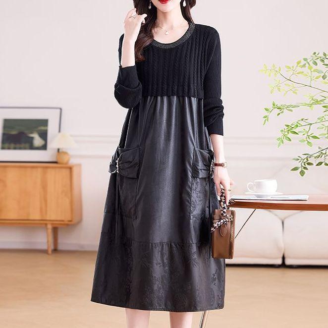 Women's long Sweater Dress Knitted Patchwork PU Leather A-Line Dress Plus Size Knitted Dress for Autumn and Winter ...