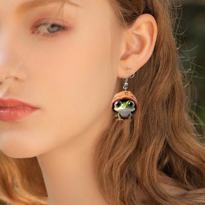 Frog Pendant Dangle Earrings 2D Acrylic Frog Pendant Earrings Cartoon Animal Earrings Gift for Friends or Frog Lovers