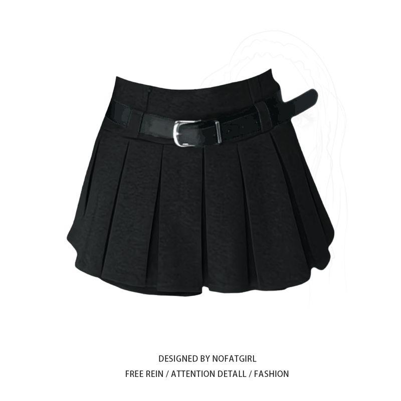 

Plus Size Chubby Girl Preppy Style High Waist Skirt Women s Autumn and Winter New Arrival Casual Slim Looking Pear Shapes Pleated Skirt Dark Gray Culottes + Belt 2XL