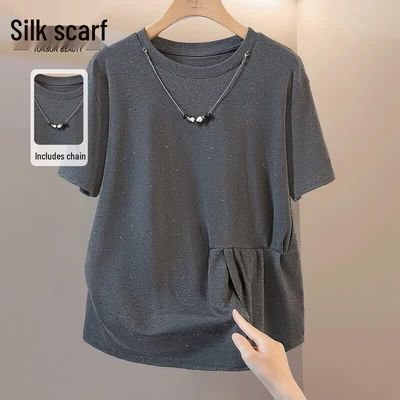 

Women s Loose Fit Solid Color Round Neck Short Sleeve T-Shirt One Size