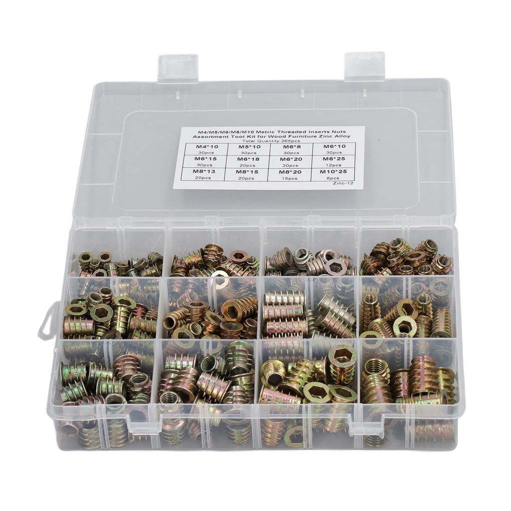 265Pcs Threaded Inserts Nuts Assortment Tool Kit Zinc Alloy Furniture Bolt for Pine Wood Plywood M4 M5 M6 M8 M10