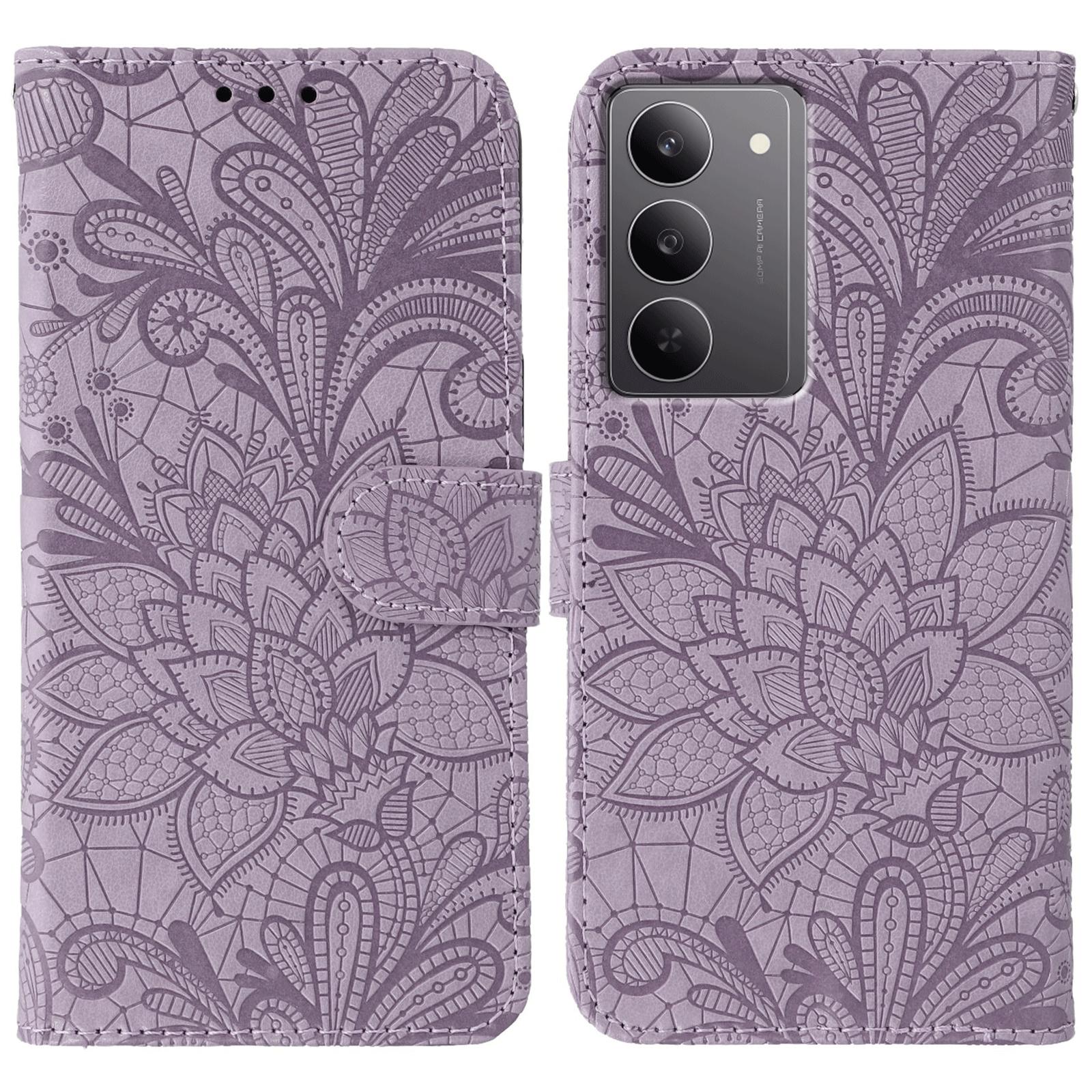 

For Realme 14x (India) 5G Case Lace Flowers PU Leather Flip Wallet Phone Cover Purple