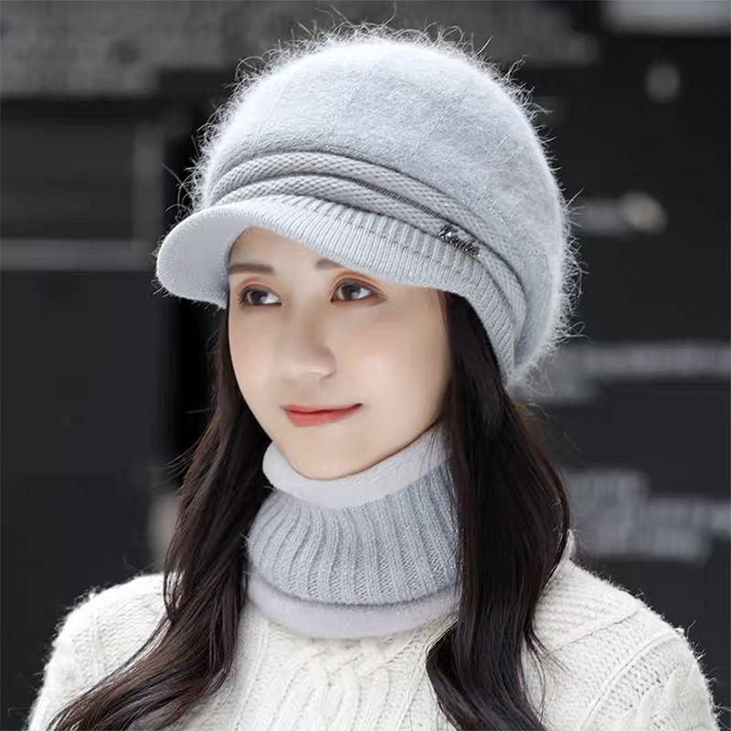 Strickmütze Damen Vielseitige Mütze Schal Zweiteiliges Set Winter Geeignet für großes Gesicht Warm und Samt Mutterhut