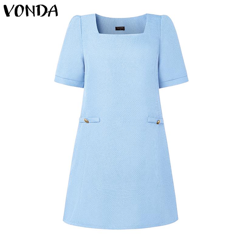 

VONDA Women Elegant Square Collar Short Sleeve Texture Casual Mini Dress 5XL