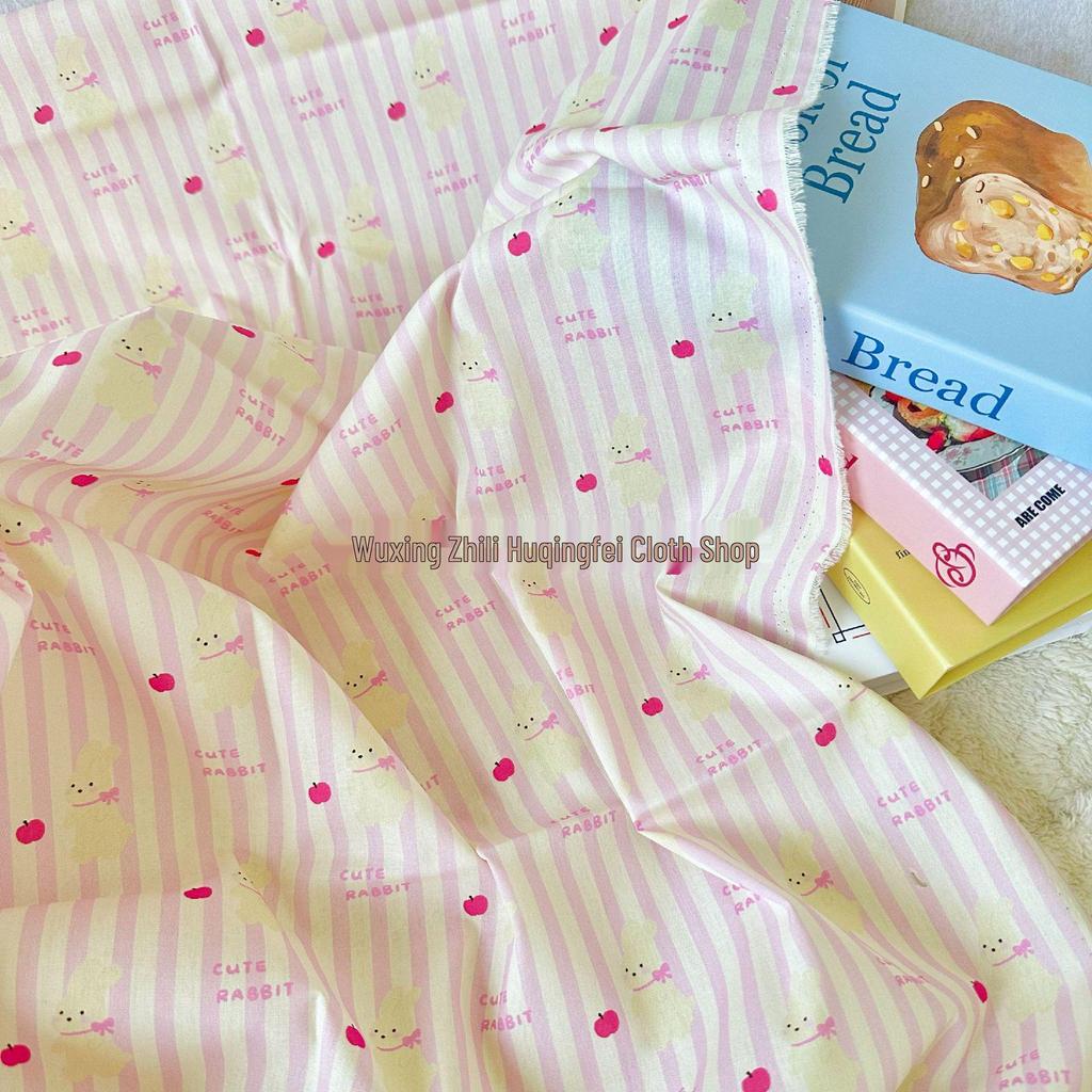 100% Cotton 40 Count Digital Print Fabric: Korean Style Floral Stripe with Rabbit Design for Women's and Children's Loungewear DIY