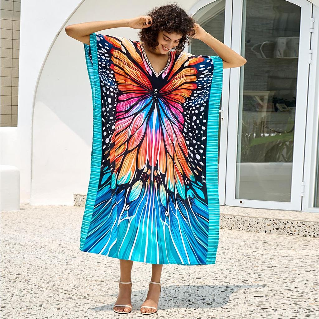 European & American Cotton Print Beach Cover-Up Long Dress - Plus Size Swimsuit Sunscreen Robe