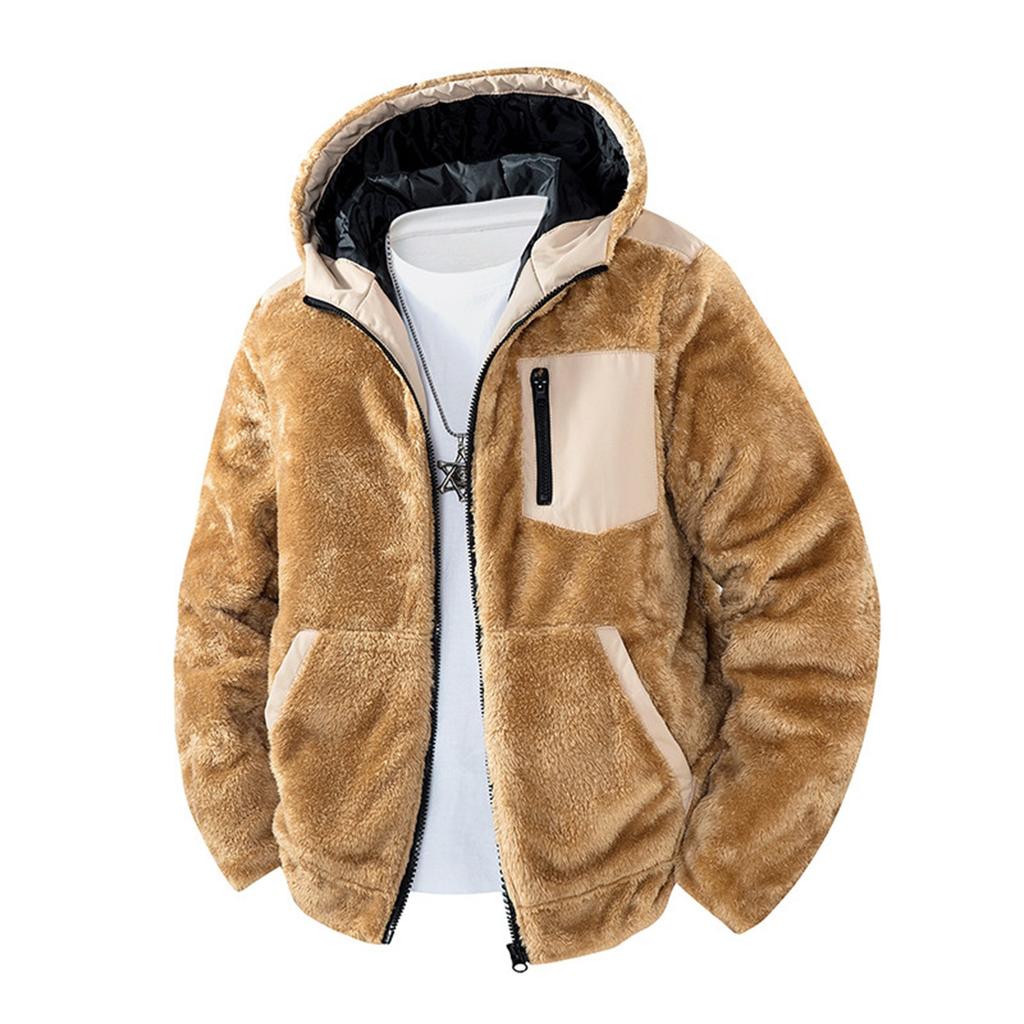 Men's Stand Collar Hooded Lambskin Casual Jacket Cardigan Coat Outdoor Tops