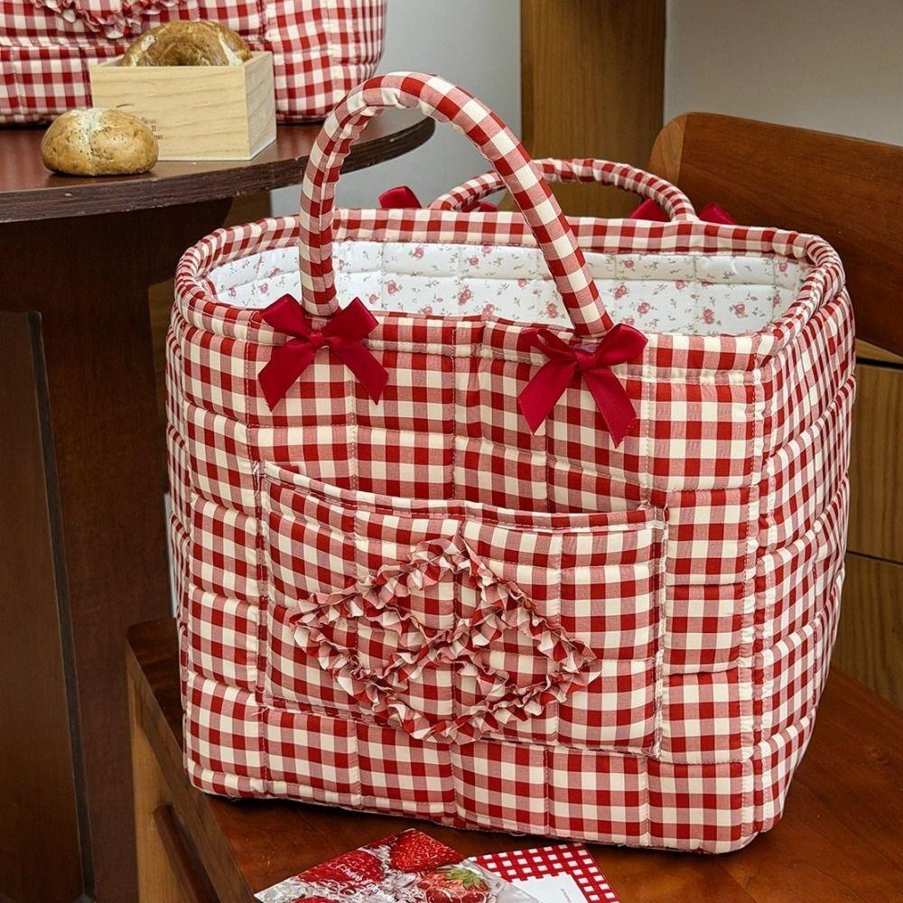 Handheld Red Plaid Storage Basket Large Capacity Clothes Toys Storage Basket Picnic