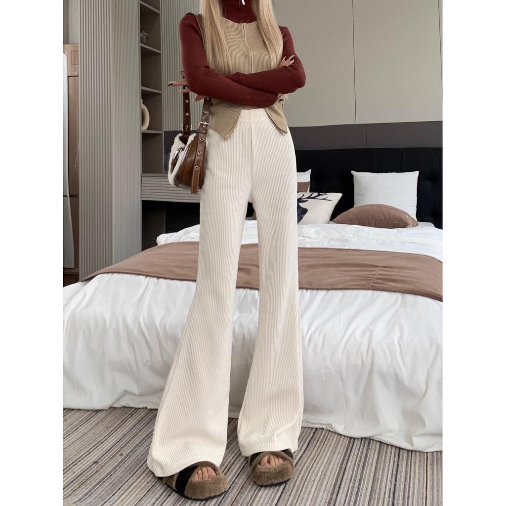 Fall Winter Vintage Corduroy Flare Pants Women Casual High Waist Korean Trousers Female Simple Design Solid Pants