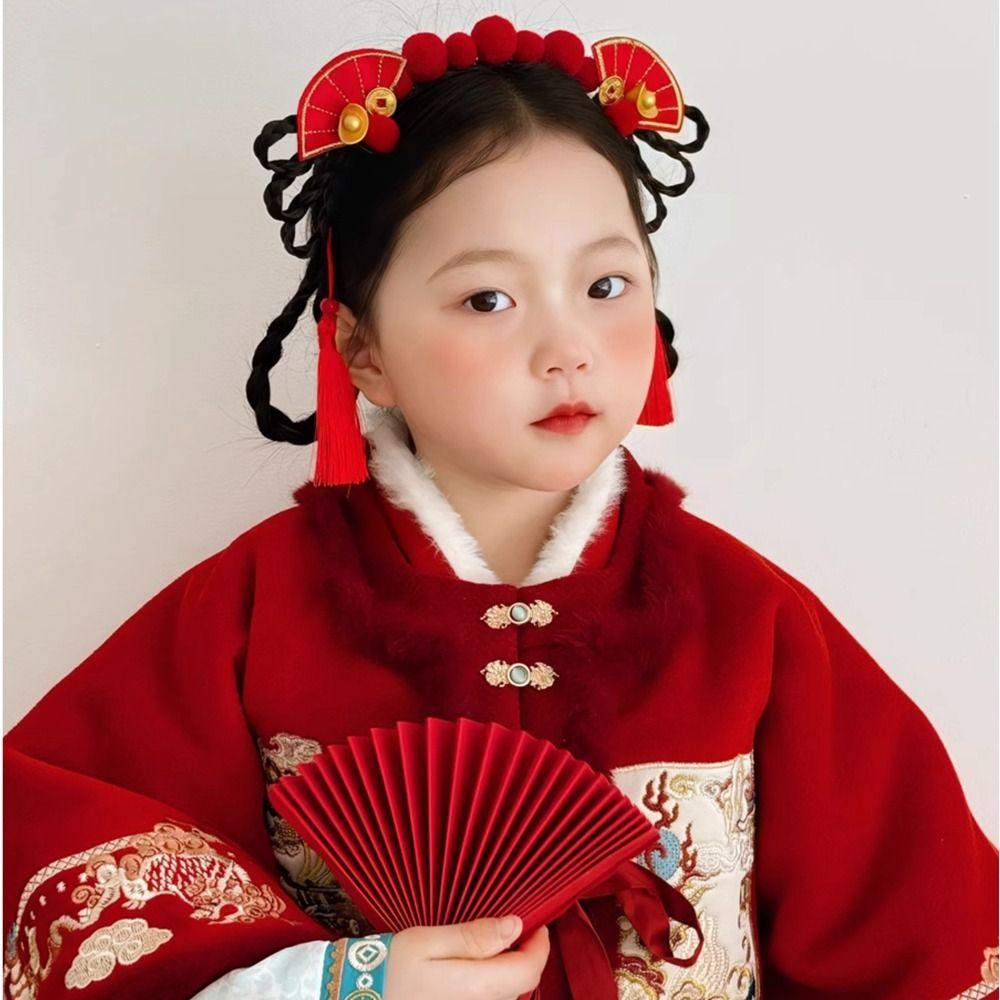 Tassel Chinese New Year Headwear Flower Red Bow Hairband Lovely Hanfu Hair Sticks Children